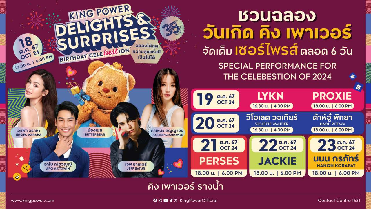 คิง เพาเวอ เพาเวอร์ ครบรอบ 35 ปี จัดงานเฉลิมฉลองสุดยิ่งใหญ่ KING POWER DELIGHTS AND SURPRISES “BIRTHDAY CELEBESTION ฉลองได้สุด ความสุขแห่งปี เป็นไปได้" พบกับความบันเทิงจากทัพศิลปินชื่อดัง นำโดย น้องเนย – อาโป ร่วมส่งมอบความสุขแบบเต็มอิ่ม และโปรโมชันที่ดีที่สุดแห่งปีเซอร์ไพรส์ให้สุดกับอีเวนต์ใหญ่ที่ทุกคนรอคอย ตลอด 6 วันเต็ม ตั้งแต่วันที่ 18 - 23 ตุลาคมนี้ ที่ คิง เพาเวอร์ รางน้ำ