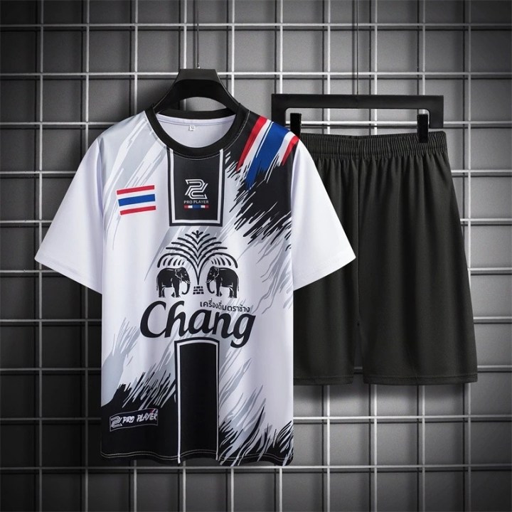 เสื้อยืดธงชาติไทย ผ้ากีฬา 2 ชิ้น เสื้อ+กางเกง โลโก้ช้าง